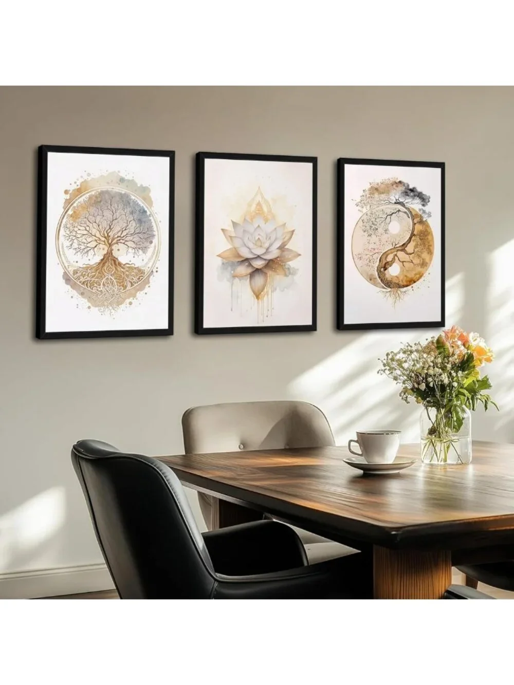 Set of 3 Modern Tree of Life Wall Art, Gold Lotus Zen Canvas Decor, Abstract Yin